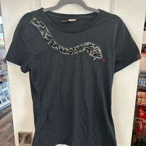 Pinko Tee with Embellished Snake, M (has tears, collar/hem; stain & loose stone)